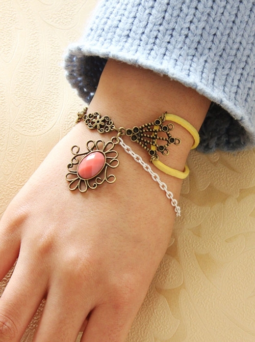Casual Retro Punk Fashion Bronze Flower Pink Gemstone Female Bracelet