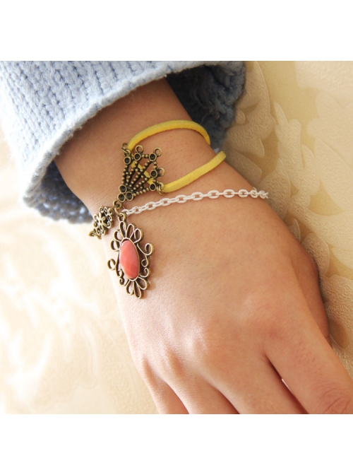 Casual Retro Punk Fashion Bronze Flower Pink Gemstone Female Bracelet