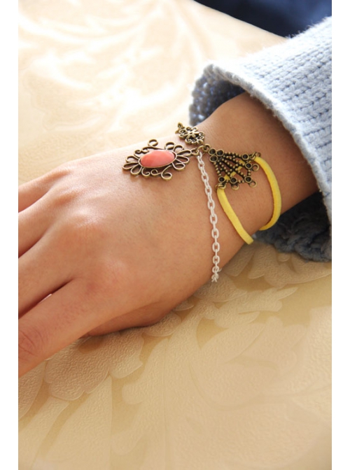 Casual Retro Punk Fashion Bronze Flower Pink Gemstone Female Bracelet