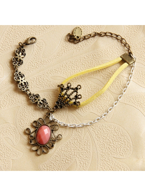 Casual Retro Punk Fashion Bronze Flower Pink Gemstone Female Bracelet