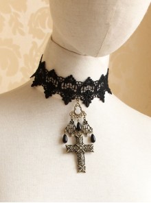 Fashion Gothic Black Lace Flower Cross Drop Pearl Female Retro Choker