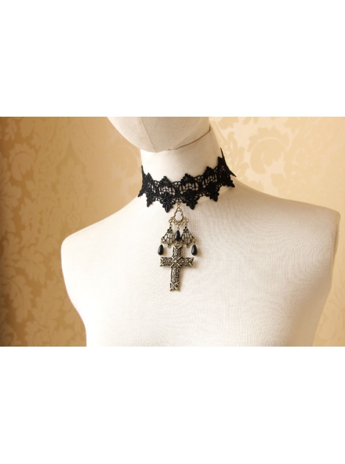 Fashion Gothic Black Lace Flower Cross Drop Pearl Female Retro Choker