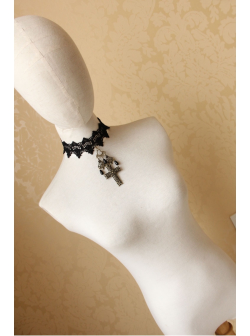 Fashion Gothic Black Lace Flower Cross Drop Pearl Female Retro Choker