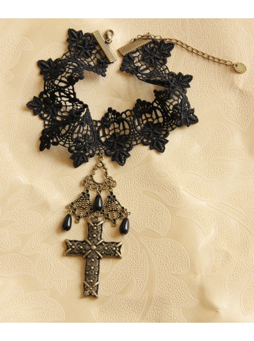 Fashion Gothic Black Lace Flower Cross Drop Pearl Female Retro Choker