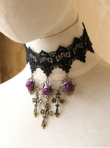 Retro Fashion Gothic Black Lace Purple Rose Flower Cross Female Choker