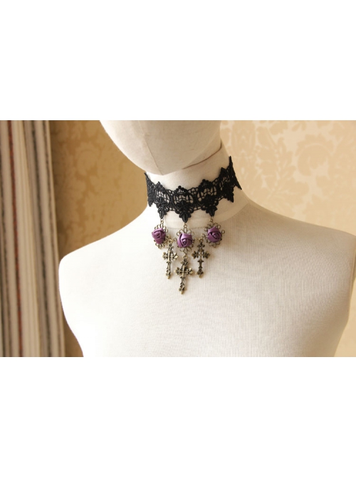 Retro Fashion Gothic Black Lace Purple Rose Flower Cross Female Choker