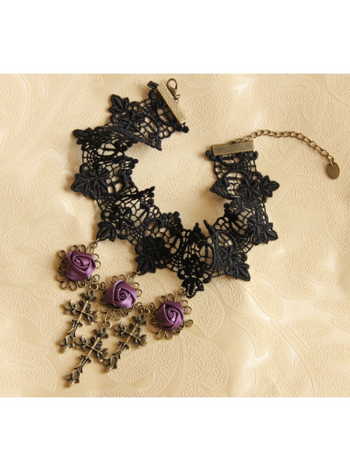 Retro Fashion Gothic Black Lace Purple Rose Flower Cross Female Choker