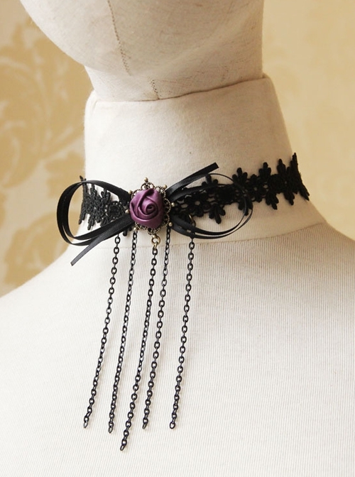 Gothic Retro Fashion Black Tassel Bow Rose Flower Lace Female Choker