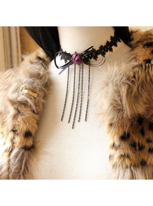 Gothic Retro Fashion Black Tassel Bow Rose Flower Lace Female Choker