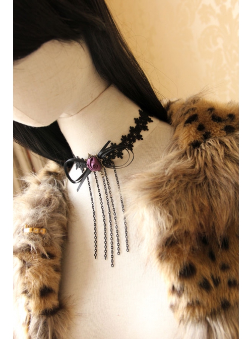 Gothic Retro Fashion Black Tassel Bow Rose Flower Lace Female Choker