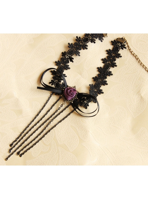 Gothic Retro Fashion Black Tassel Bow Rose Flower Lace Female Choker