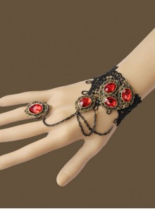 Gothic Fashion Retro Ruby Black Female Lace Tassel Ring One-Piece Bracelet