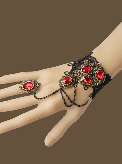 Gothic Fashion Retro Ruby Black Female Lace Tassel Ring One-Piece Bracelet