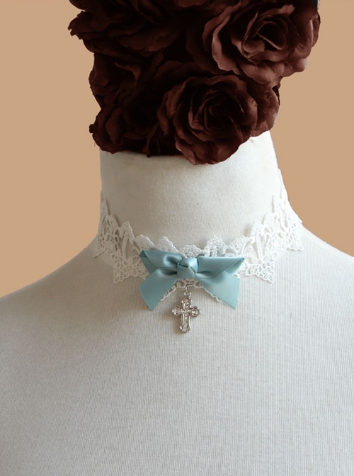 Cute Fashion Sweet Lolita Blue Bow Cross White Lace Female Short Necklace