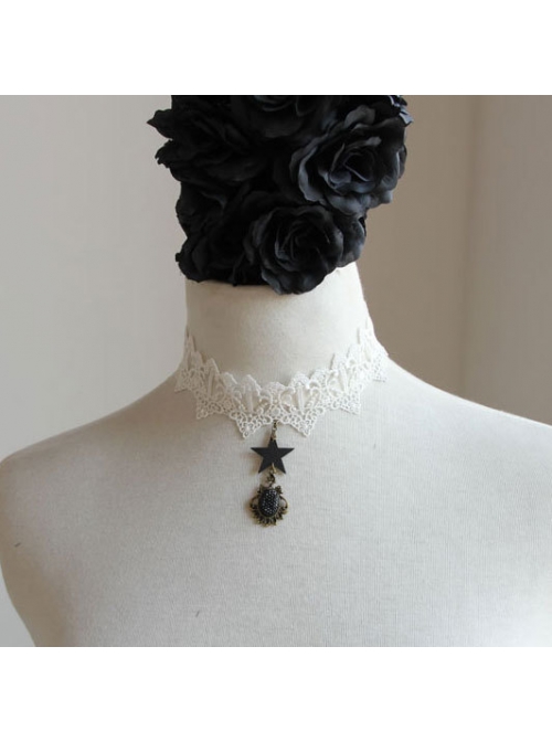 All-Match Casual Fashion Retro Black Gemstone Star White Lace Female Short Necklace