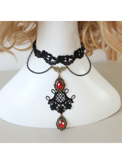 Gothic Vampire Retro Fashion Black Lace Tassel Flower Ruby Female Choker