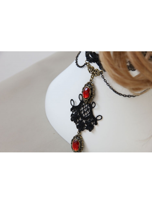 Gothic Vampire Retro Fashion Black Lace Tassel Flower Ruby Female Choker