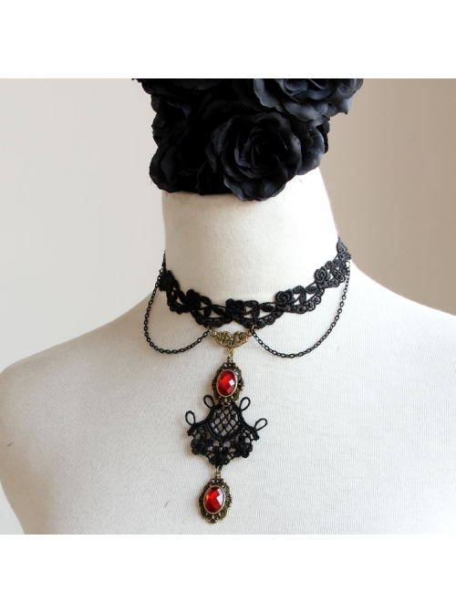 Gothic Vampire Retro Fashion Black Lace Tassel Flower Ruby Female Choker