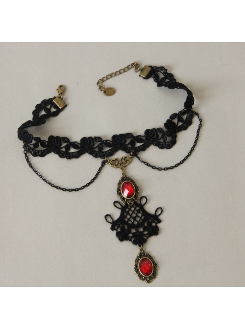 Gothic Vampire Retro Fashion Black Lace Tassel Flower Ruby Female Choker
