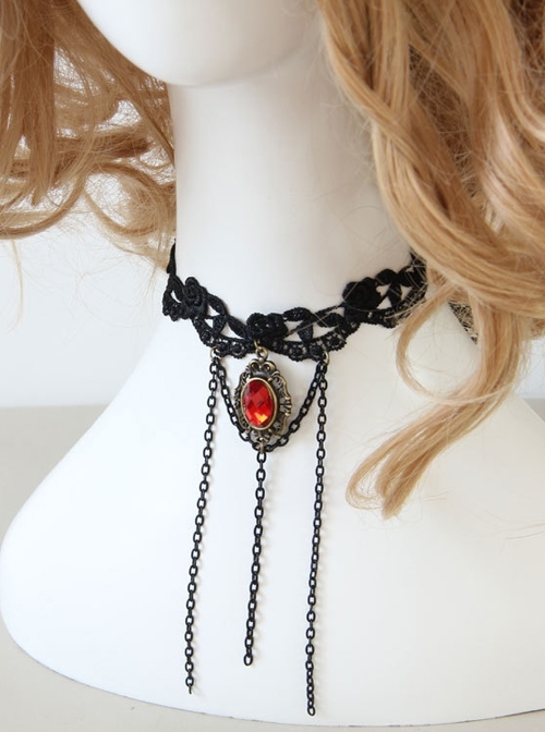 Retro Fashion Gothic Black Lace Tassel Ruby Exaggerated Wedding Dress Female Choker