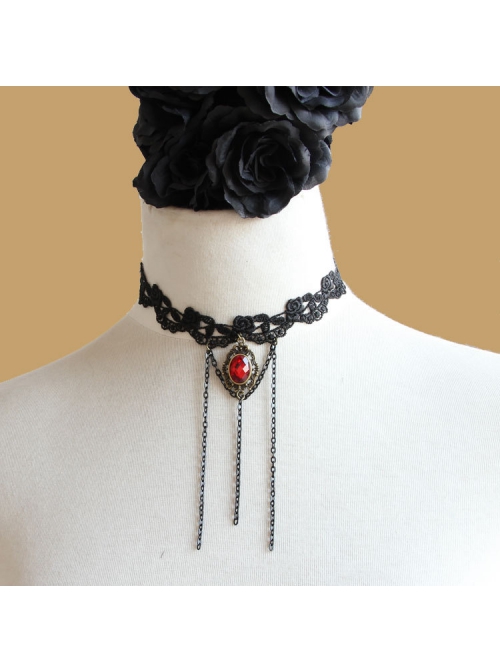 Retro Fashion Gothic Black Lace Tassel Ruby Exaggerated Wedding Dress Female Choker