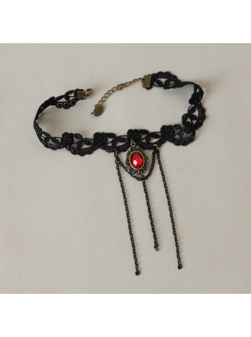 Retro Fashion Gothic Black Lace Tassel Ruby Exaggerated Wedding Dress Female Choker