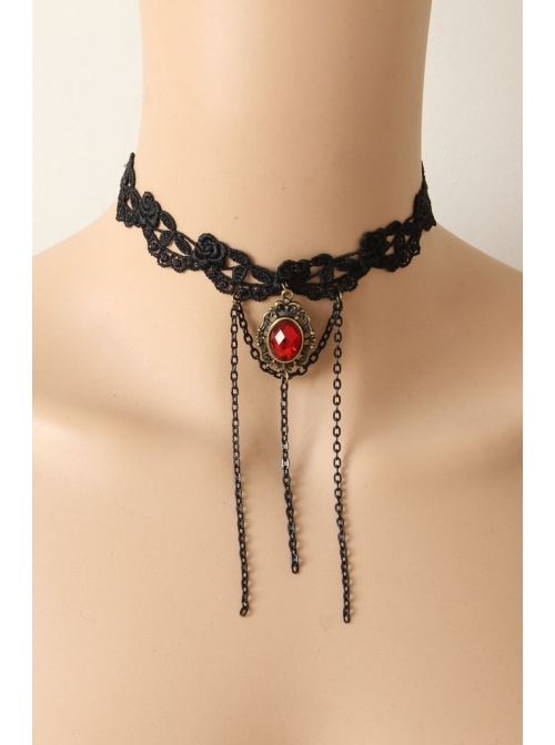 Retro Fashion Gothic Black Lace Tassel Ruby Exaggerated Wedding Dress Female Choker