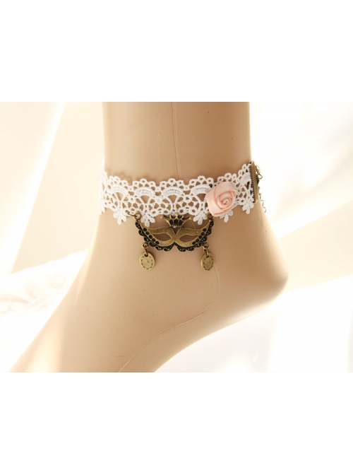 Elegant Christmas Mask Queen Fashion Retro Pink Rose Flower White Lace Female Anklet