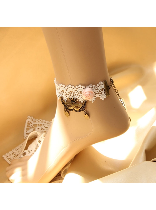 Elegant Christmas Mask Queen Fashion Retro Pink Rose Flower White Lace Female Anklet