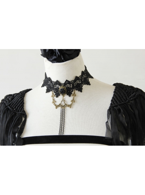 Gothic Fashion Retro Black Lace Rose Flower Female Chain Tassel Choker
