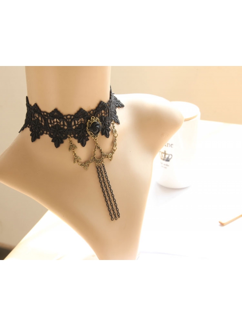 Gothic Fashion Retro Black Lace Rose Flower Female Chain Tassel Choker