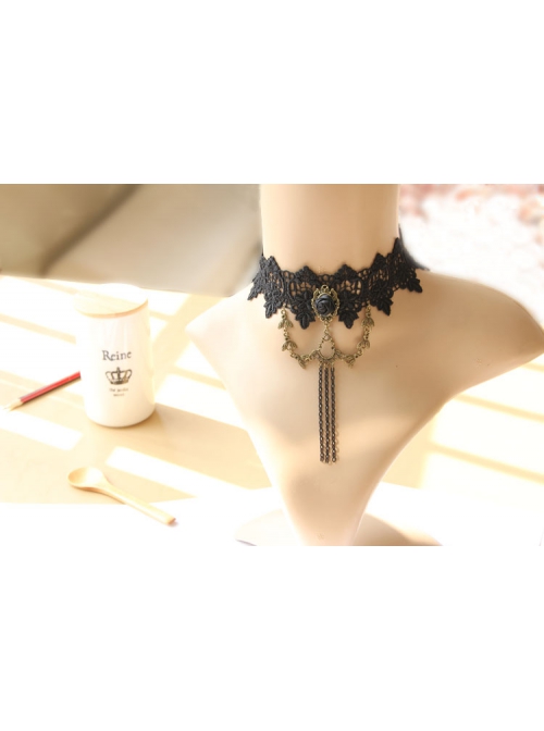 Gothic Fashion Retro Black Lace Rose Flower Female Chain Tassel Choker