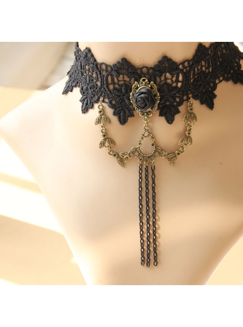 Gothic Fashion Retro Black Lace Rose Flower Female Chain Tassel Choker
