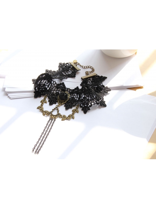 Gothic Fashion Retro Black Lace Rose Flower Female Chain Tassel Choker