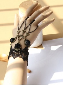 Retro Gothic Fashion Black Rose Flower Lace Tassel Female Bracelet Ring One Chain