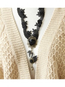 All-Match Retro Fashion Gothic Female Love Black Hollow Lace Swan Long Necklace