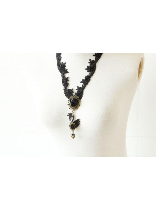 All-Match Retro Fashion Gothic Female Love Black Hollow Lace Swan Long Necklace