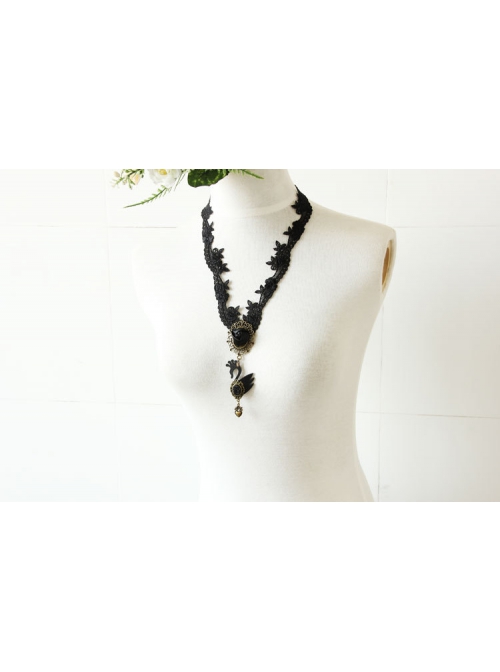 All-Match Retro Fashion Gothic Female Love Black Hollow Lace Swan Long Necklace