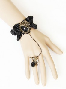 Retro Gothic Fashion Black Silk Cloth Gemstone Butterfly Design Female Band Ring Bracelet