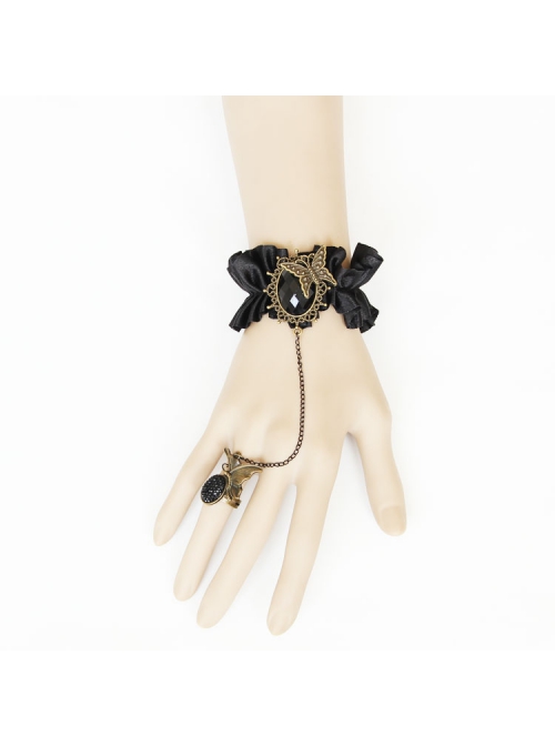 Retro Gothic Fashion Black Silk Cloth Gemstone Butterfly Design Female Band Ring Bracelet