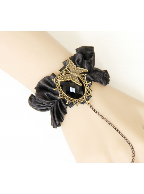 Retro Gothic Fashion Black Silk Cloth Gemstone Butterfly Design Female Band Ring Bracelet