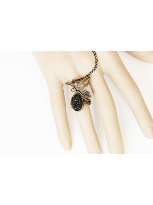 Retro Gothic Fashion Black Silk Cloth Gemstone Butterfly Design Female Band Ring Bracelet