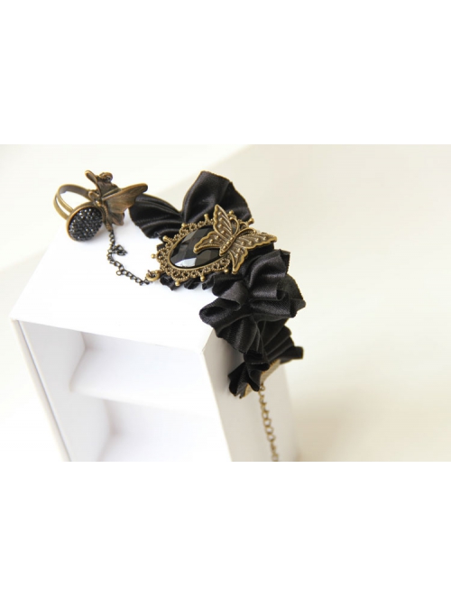 Retro Gothic Fashion Black Silk Cloth Gemstone Butterfly Design Female Band Ring Bracelet