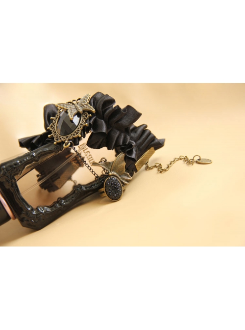 Retro Gothic Fashion Black Silk Cloth Gemstone Butterfly Design Female Band Ring Bracelet