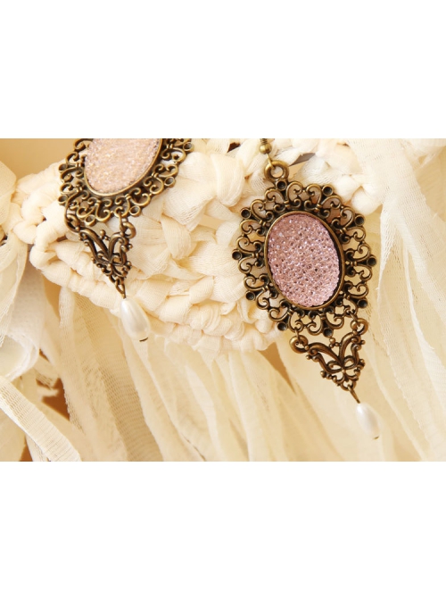 Fashion Elegant Fairy Pink Gemstone Bronze Pattern Retro Female Earrings