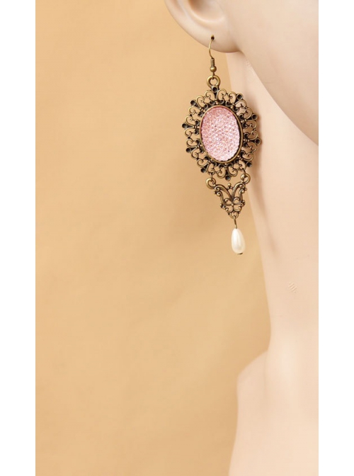 Fashion Elegant Fairy Pink Gemstone Bronze Pattern Retro Female Earrings
