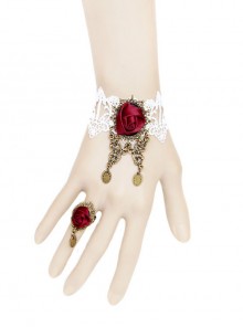 Retro Fashion Personality Red Rose Flower White Lace Female With Ring Bracelet