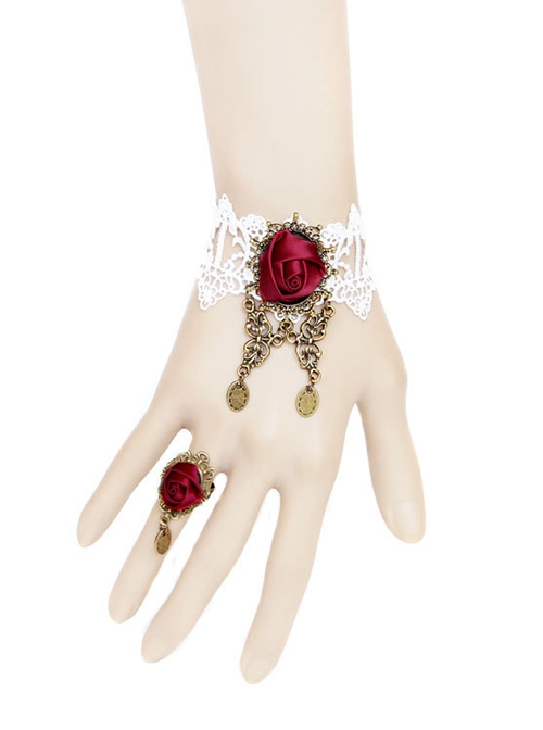 Retro Fashion Personality Red Rose Flower White Lace Female With Ring Bracelet