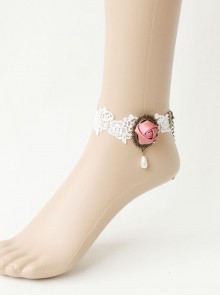 Retro Fashion Pink Rose Flower White Lace Flower Pearl Personality Handmade Creative Female Anklet