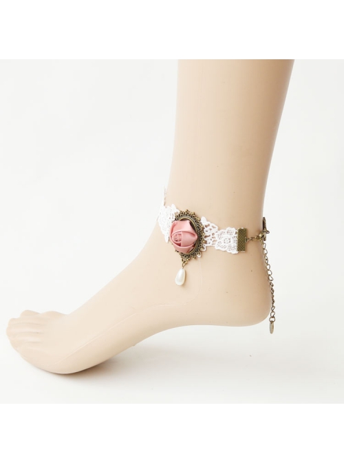 Retro Fashion Pink Rose Flower White Lace Flower Pearl Personality Handmade Creative Female Anklet